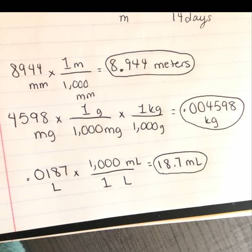 Perform each conversions8944mm to meters.4598mg to kilograms.0.0187l to milliliters.