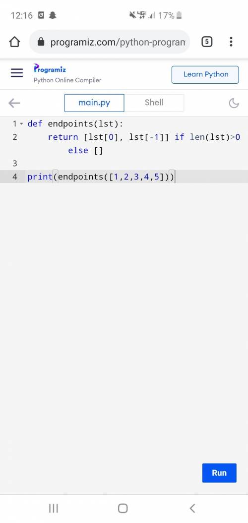 Write a function endpoints that takes a list of numbers (eg. [5, 10, 15, 20, 25]) and returns a new