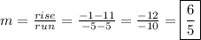 m=\frac{rise}{run}=\frac{-1-11}{-5-5}  =\frac{-12}{-10} =\boxed{\frac{6}{5}}