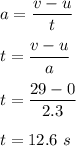 a=\dfrac{v-u}{t}\\\\t=\dfrac{v-u}{a}\\\\t=\dfrac{29-0}{2.3}\\\\t=12.6\ s