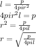 l = \frac{p}{4pir^2} \\4pir^2l=p\\r^2 = \frac{p}{4pil} \\r = \sqrt{\frac{p}{4pil}}