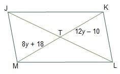Figure jklm is a parallelogram. the measures of line segments mt and tk are shown. what is the value
