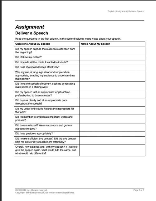 Pleasssee  assignment deliver a speech read the questions in the first column. in