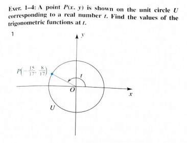Apoint p (x, y) is shown on the unit circle u corresponding to a real number t. find the values of t