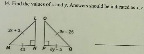 (on geometry ) 14. find the value of x and y. answer should be indicated as x , y.