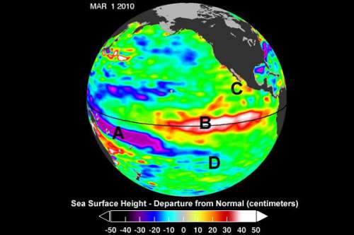 in the image below, which region is showing an abnormally low sea level? abc