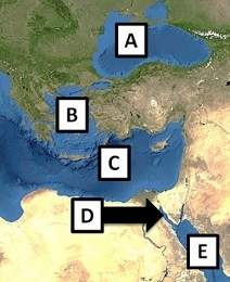 What is the name of the body of water located at letter d on the map above?  a. the gulf