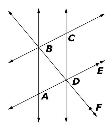 In the figure, ab||cd and bc||ae. let abd measure (3x+4), bcd measure (6x-8), and edf measure (7x-20