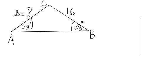 Given a triangle with a = 16, a = 39 degrees, and b = 28 degrees, what is the length of c? round to