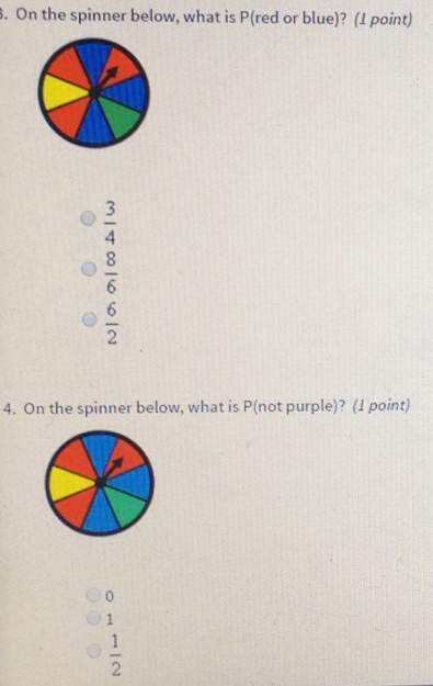 On the spinner below, what is p(red or blue)? point)4. on the spinner below, what is p(not purple)?