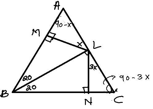 In △abc, m∠abc=40°, bl (l∈ ac ) is the angle bisector of ∠b. point m∈ ab so that lm ⊥ ab and n∈ bc s
