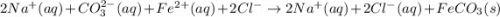 2Na^+(aq)+CO_3^{2-}(aq)+Fe^{2+}(aq)+2Cl^-\rightarrow 2Na^+(aq)+2Cl^-(aq)+FeCO_3(s)