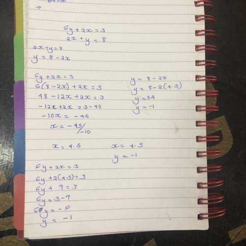 When using substitution to solve this system of equations

6y + 2x = 3
2x + y = 8
which variable wil
