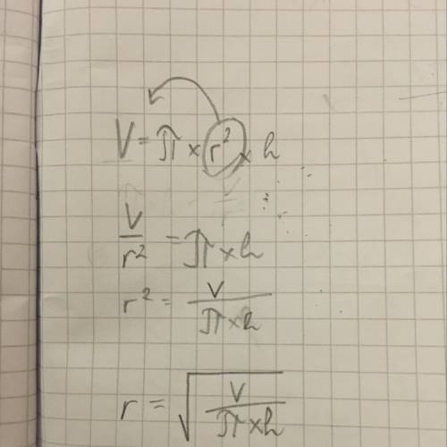 Make r the subject of the formula:  v=πrsquaredh