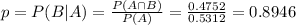 p = P(B|A) = \frac{P(A \cap B)}{P(A)} = \frac{0.4752}{0.5312} = 0.8946
