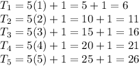 T_1=5(1)+1=5+1=6\\T_2=5(2)+1=10+1=11\\T_3=5(3)+1=15+1=16\\T_4=5(4)+1=20+1=21\\T_5=5(5)+1=25+1=26