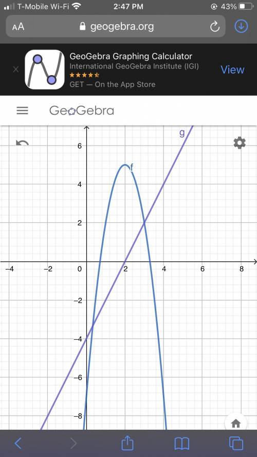 7. Use GeoGebra to find the solutions to the following system of equations.

y = -3(x - 2)^2 + 5
y =