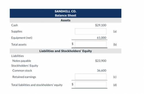 Question: SANDHILL CO. Balance Sheet Assets Cash $29,100 Supplies (a) Equipment (net) 61,000 Total a