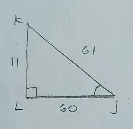 In ΔJKL, the measure of ∠L=90°, JL = 60, KJ = 61, and LK = 11. What ratio represents the tangent of
