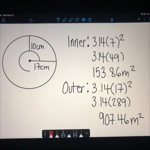 Find the area of the inner and the outer circles, shown in the figure below. Use 3.14 for pi.