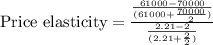 \text{Price elasticity} = \frac{\frac{61000-70000}{(61000+ \frac{70000}{2})}}{ \frac{2.21-2}{(2.21+\frac{2}{2})}}