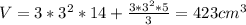 V=3*3^{2} *14+\frac{3*3^{2}*5 }{3} =423cm^{3}