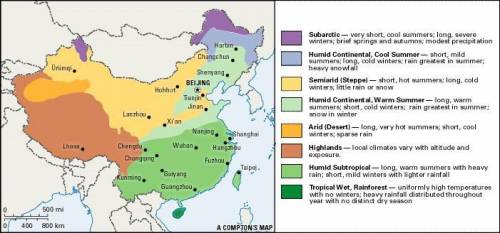 Analyze the map below and answer the question that follows.

A thematic map of East Asia. Climate re