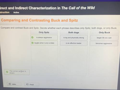 Compare and contrast Buck and Spitz. Decide whether each phrase describes only Spitz, both dogs, or
