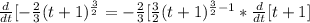 \frac{d}{dt}[-\frac{2}{3}(t+1)^{\frac{3}{2}} = -\frac{2}{3}[\frac{3}{2}(t + 1)^{\frac{3}{2}-1} * \frac{d}{dt}[t+1]