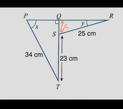 The diagram shows two right-angled triangles. PQR and QST are straight lines. It is given that sin x