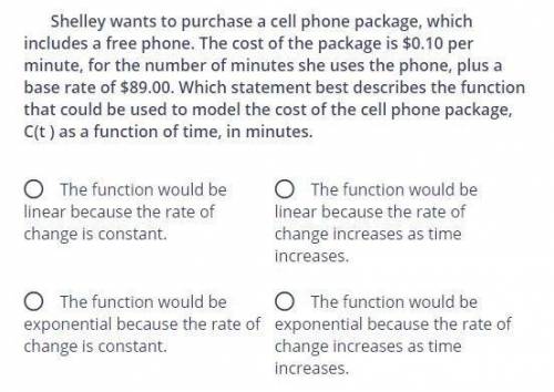 Shelley wants to purchase a cell phone package, which includes a free phone. The cost of the package