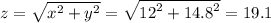 z =  \sqrt{ {x}^{2} +  {y}^{2}  }  =  \sqrt{ {12}^{2}  +  {14.8}^{2} }  = 19.1