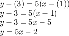 y-(3) = 5 (x-(1))\\y - 3 = 5(x-1)\\y - 3 = 5x -5\\y = 5x - 2