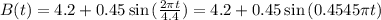 B(t) = 4.2 + 0.45\sin{(\frac{2\pi t}{4.4})} = 4.2 + 0.45\sin{(0.4545\pi t)}