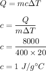 Q=mc\Delta T\\\\c=\dfrac{Q}{m\Delta T}\\\\c=\dfrac{8000 }{400\times 20}\\\\c=1\ J/g^\circ C