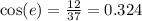 \cos(e)  =  \frac{12}{37}  = 0.324