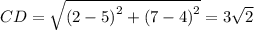 CD=\sqrt{\left(2-5\right)^2+\left(7-4\right)^2}=3\sqrt{2}