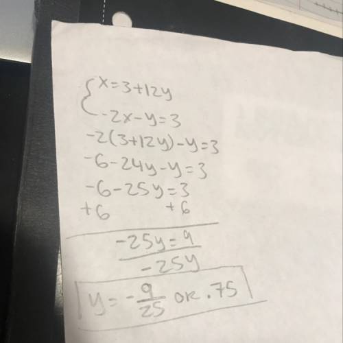 Solve the system of equations using the substitution method. x=3+12y −2x−y=3 enter your answer, as d