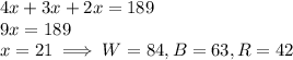 4x+3x+2x=189 \\ 9x=189 \\ x=21\implies W=84,B=63,R=42