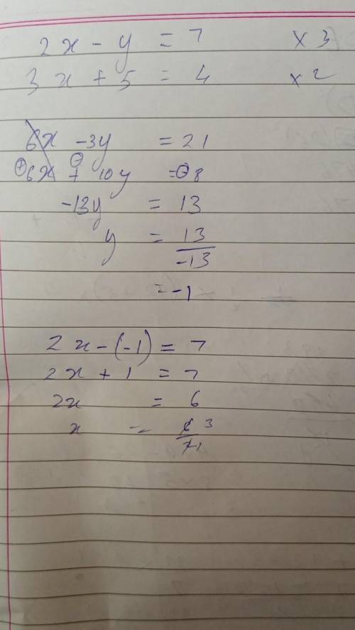 Solve the simultaneous equations 
2x-y=7 
3x+5y=4