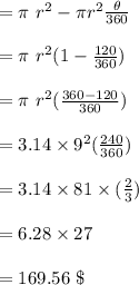 =\pi \ r^2 - \pi r^2 \frac{\theta }{360}\\\\=\pi \ r^2(1 -  \frac{120}{360})\\\\=\pi \ r^2(\frac{360-120}{360})\\\\=3.14 \times 9^2(\frac{240}{360})\\\\=3.14 \times 81 \times (\frac{2}{3})\\\\=6.28 \times 27 \\\\=169.56 \ \