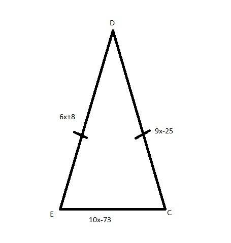 Triangle cde is an isosceles triangle with cd congruent to de. if cd equals 9x - 25, de equals 6x + 