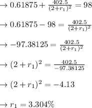 \to 0.61875 + \frac{402.5}{(2+r_1)^2}=98\\\\\to 0.61875 -98 = \frac{402.5}{(2+r_1)^2}\\\\\to -97.38125= \frac{402.5}{(2+r_1)^2}\\\\\to (2+r_1)^2= \frac{402.5}{ -97.38125}\\\\\to (2+r_1)^2= -4.13\\\\ \to r_1=3.304\%