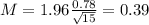 M = 1.96\frac{0.78}{\sqrt{15}} = 0.39