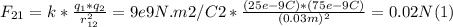 F_{21} = k * \frac{q_{1} *q_{2}}{r_{12}^{2} } = 9e9 N.m2/C2 * \frac{(25e-9C)*(75e-9C)}{(0.03m)^{2}} = 0.02 N  (1)