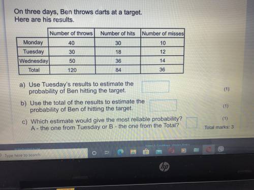 On three days, Ben throws darts at a target.

Here are his results.
Number of hits
Number of misses