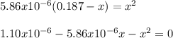 5.86x10^{-6}({0.187-x})=x^2\\\\1.10x10^{-6}-5.86x10^{-6}x-x^2=0