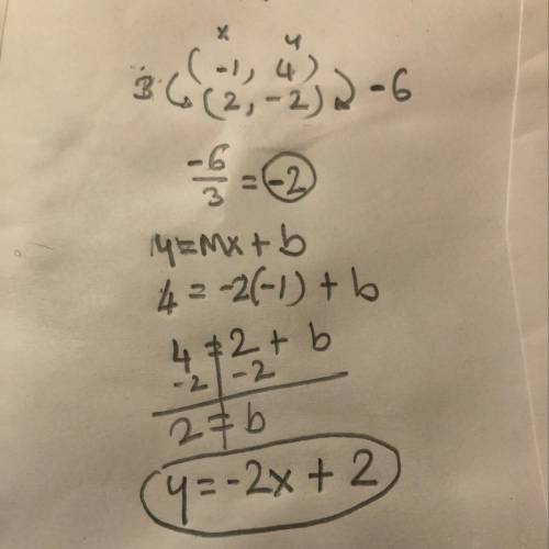 Aline passes through the points (-1,4) and (2,-2) what is the equation of this line