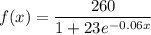 \displaystyle f(x)=\frac{260}{1+23e^{-0.06x}}