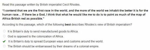 Read this passage written by British imperialist Cecil Rhodes.

I contend that we are the first rac